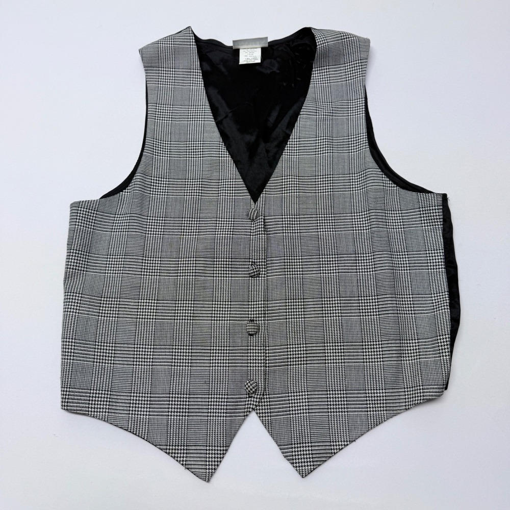 Envious Vintage Plaid Vest Black White Glen Check Button Front Waistcoat Medium